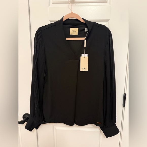 Elie Tahari Tops - Elie Tahari Black Sheer-Sleeve V-Neck Blouse